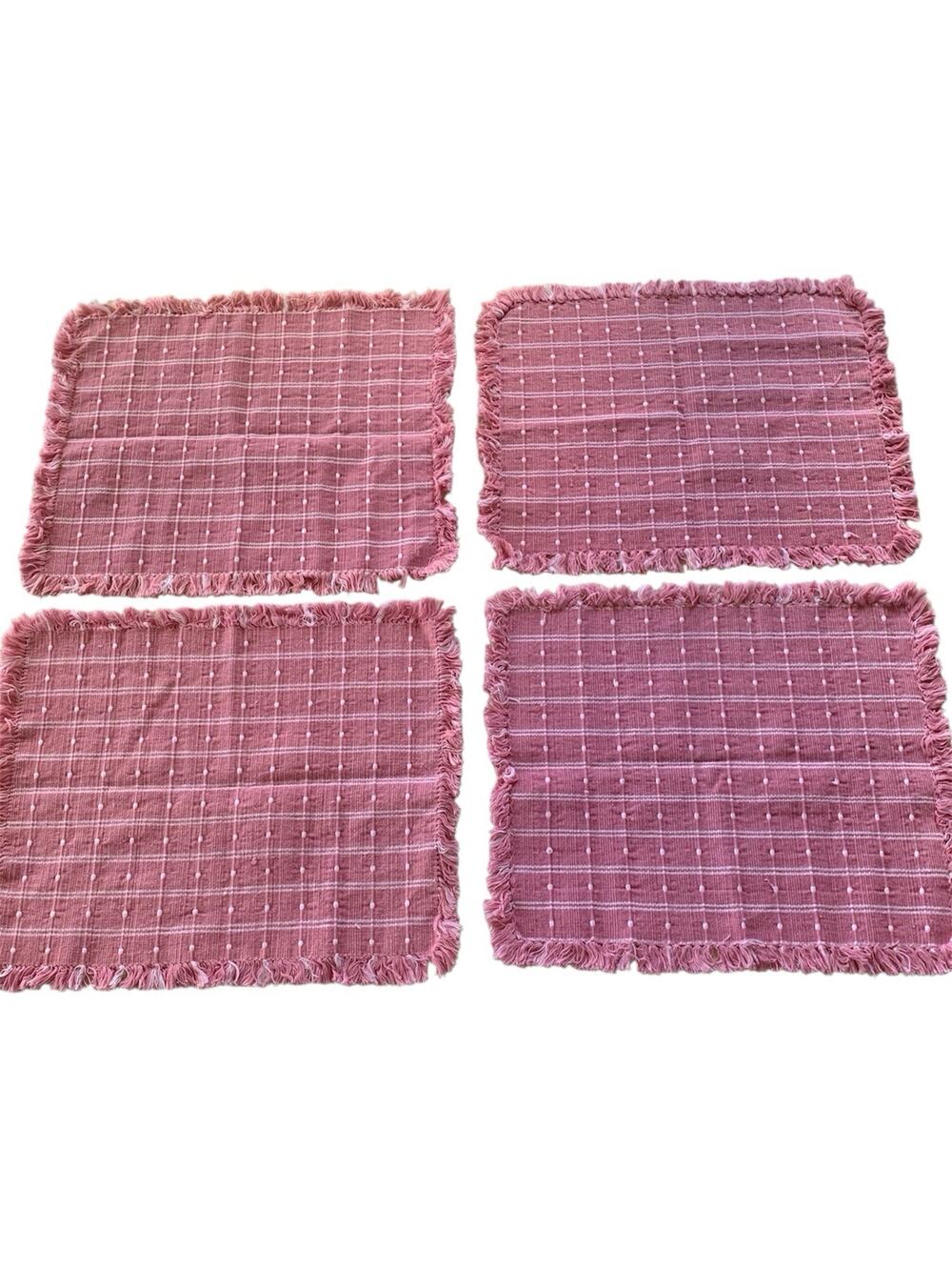 Vintage 90s Set of 4 Pink White Textured Placemats Fringe Trim 16 x 14
